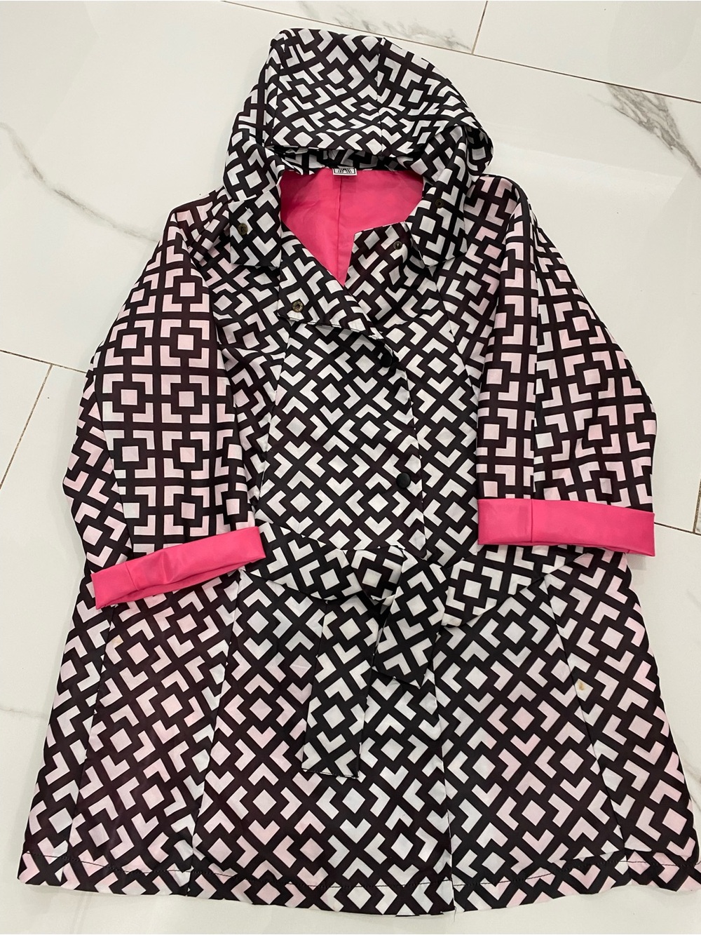 Geometric Hooded Trench Coat with Pink Trim and pink lining